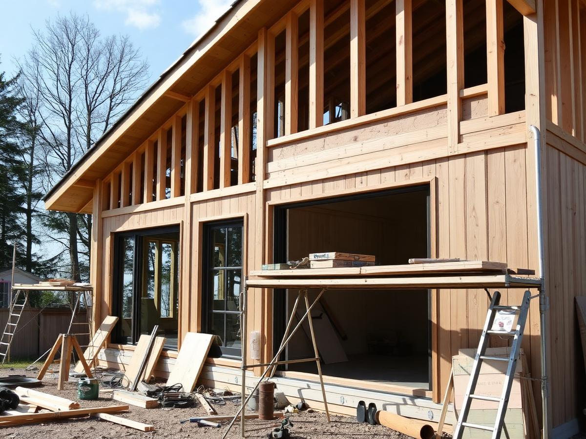 Tillbyggnad av villa med ny stomme och fasadpanel under uppförande