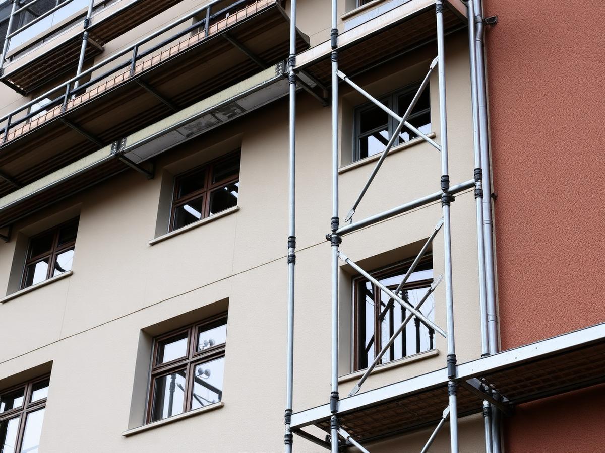 Flerbostadshus med ställning under pågående fasad- och plåtarbeten